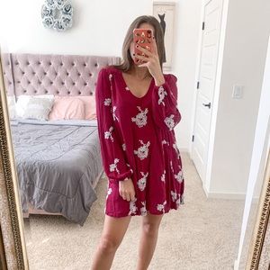 Free People Floral Embroidered Long Sleeve Babydoll Dress Size XS